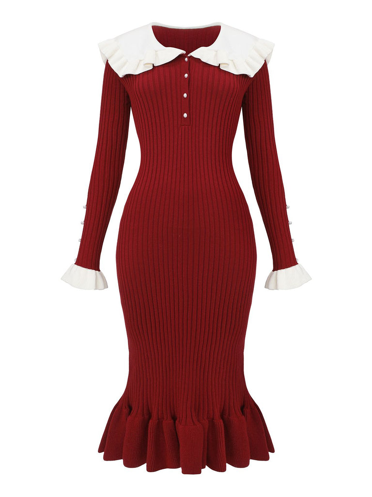 1980s Ribbed Ruffled Collar Midi Dress