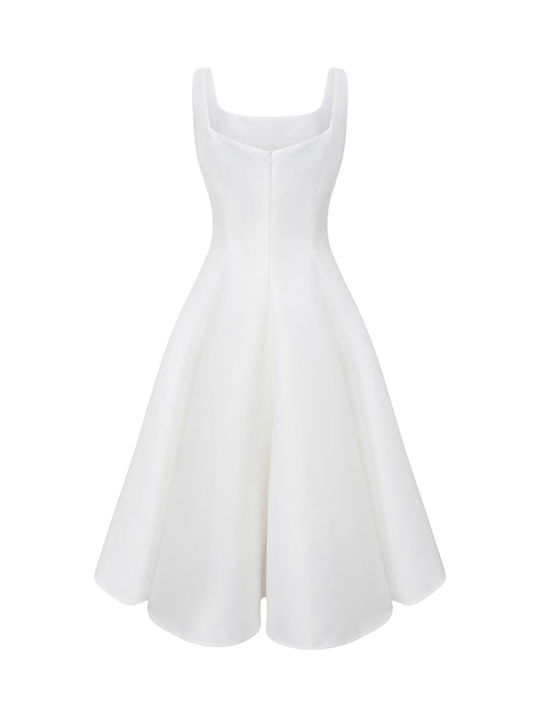 White 1950s Solid Wide Strap Evening Dress