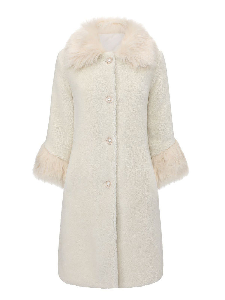White 1980s Faux Fur Collar Long Coat