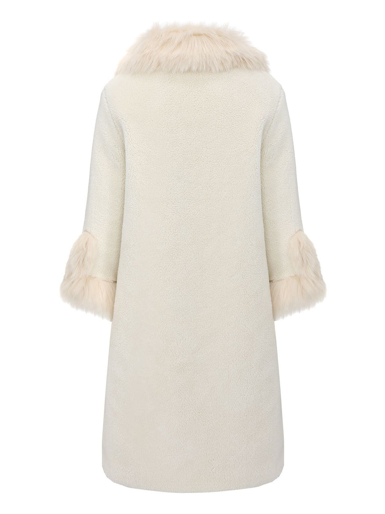 White 1980s Faux Fur Collar Long Coat