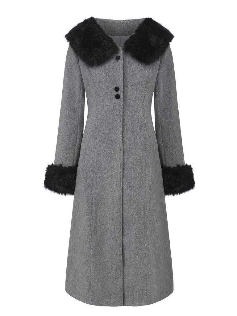 1980s Fur Trim Solid Faux-Wool Coat
