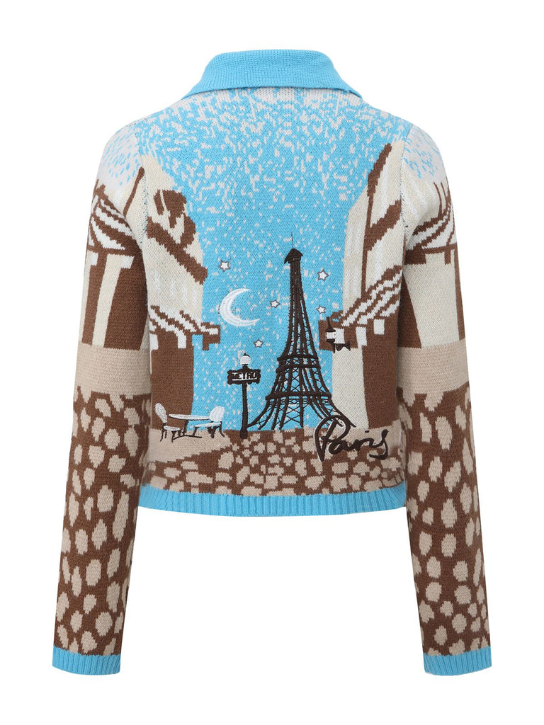 Blue 1970s Landscape Print Lapel Knit Cardigan Sweater