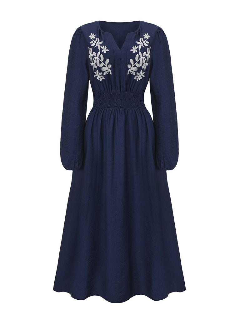 Navy Blue 1970s Floral Embroidered Maxi Dress