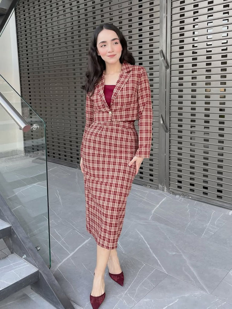 2PCS Red 1960s Plaid Lapel Short Coat & Slit Skirt