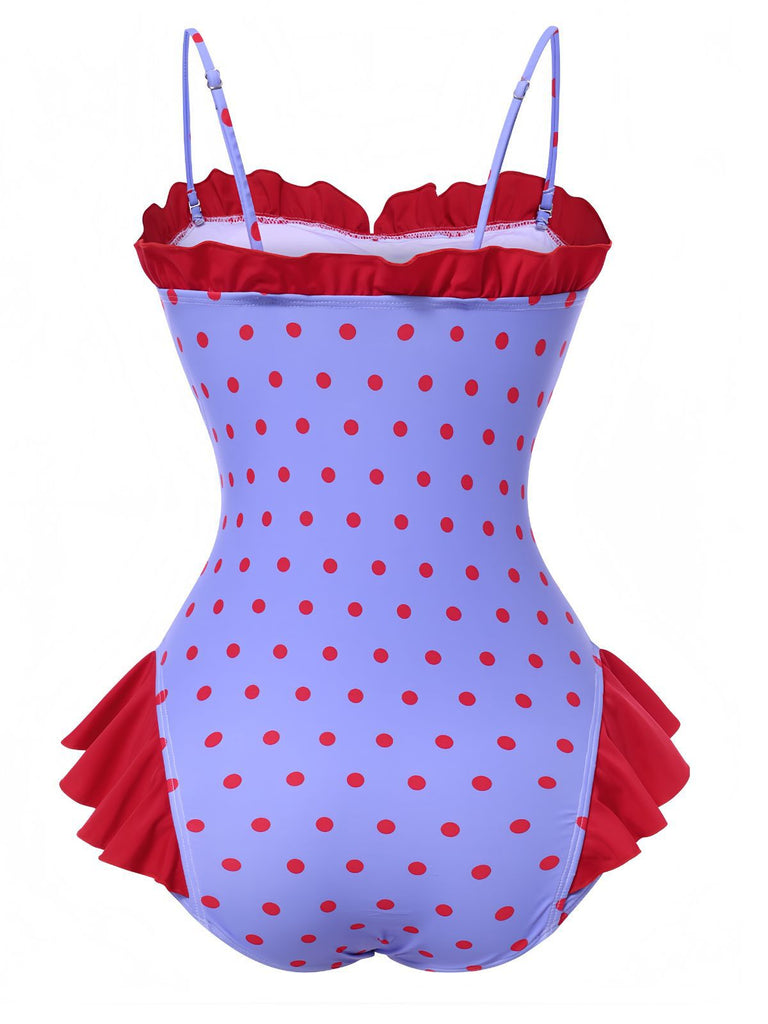 Purple 1950s Polka Dots Ruffles One-Piece Swimsuit
