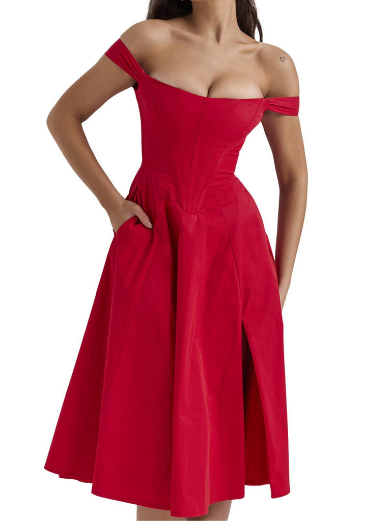 Red 1950s Solid Off-Shoulder Slit Fishbone Dress
