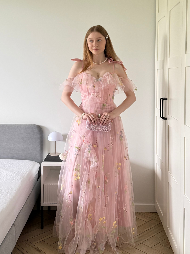 1970s Slip Floral Embroidered Mesh Slit Dress