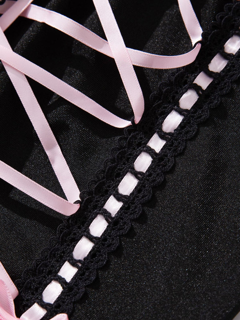 1970s Contrasted Lace Mesh Bow Lace-Up Lingerie Set