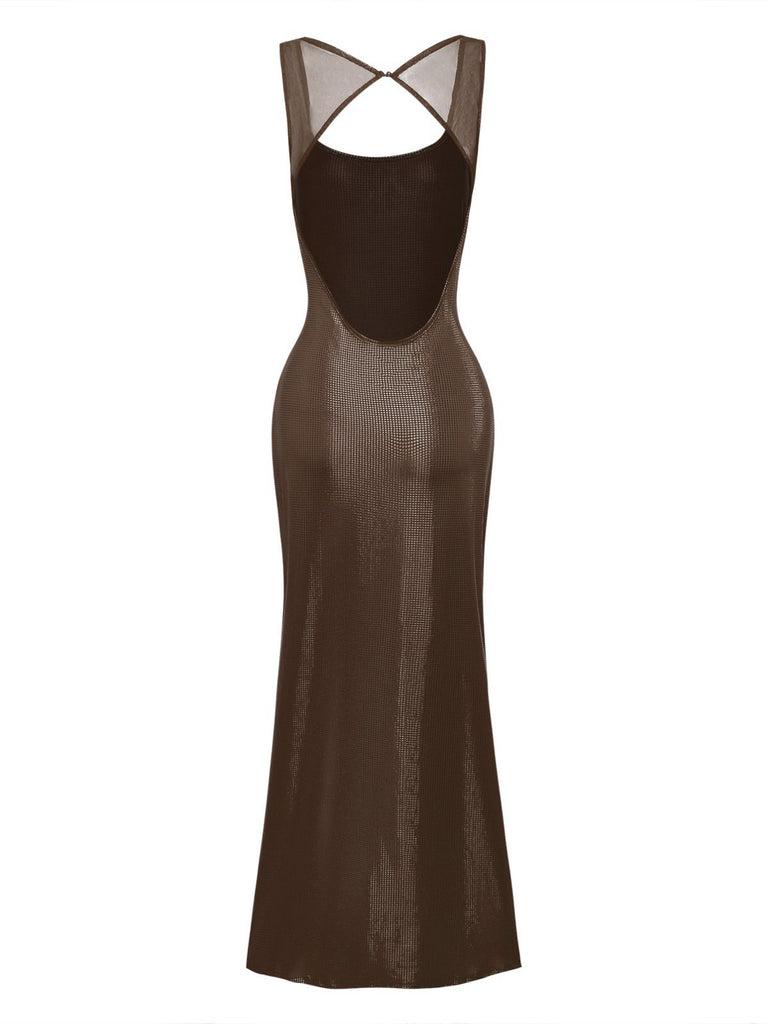 1980s Solid Sequined Mesh Buckle Square Neck Dress