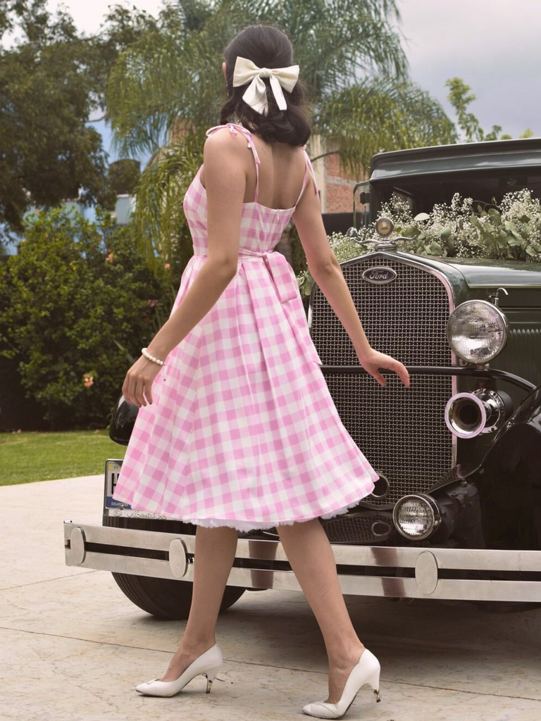 Pink 1950s Spaghetti Strap Plaid Swing Dress