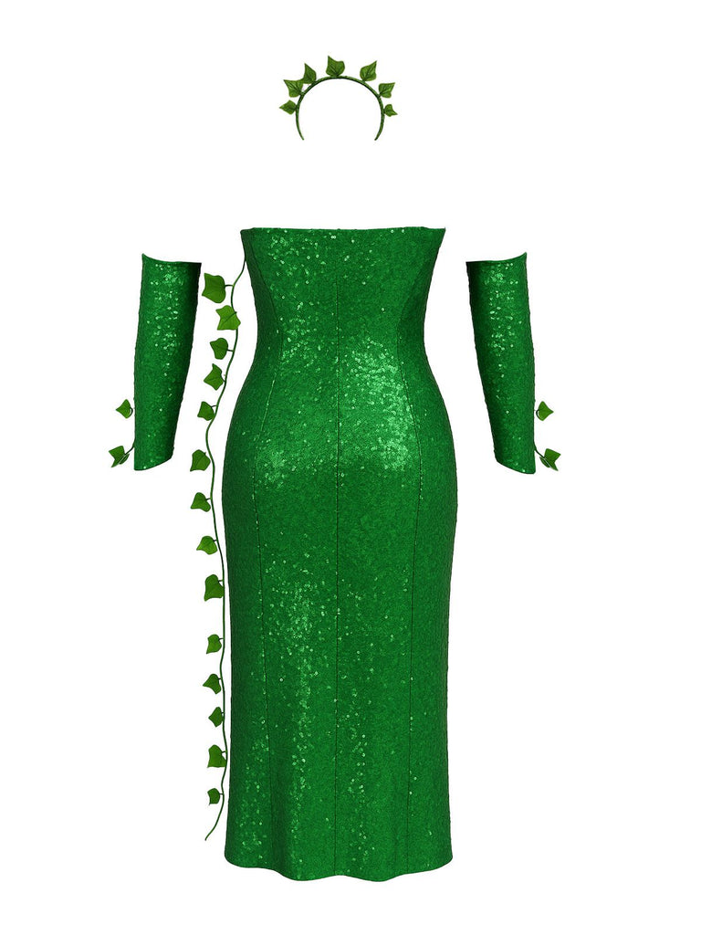 Green 1970s Multi-Leaf Headband & Sequin Dress Set