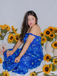 Blue 1940s Square Neck Starry Night Bow Swing Dress