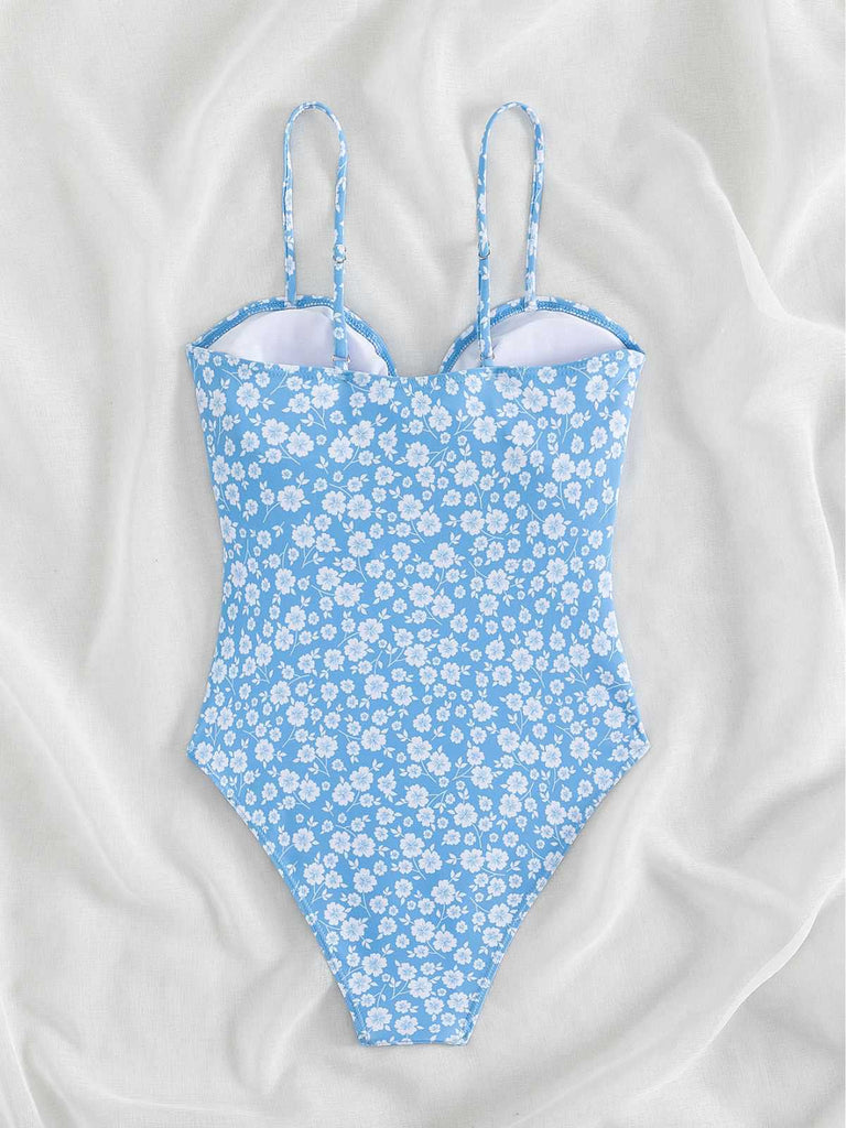 Blue 1950s Spaghetti Straps Hollow Floral Swimsuit
