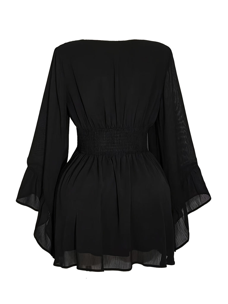 [Plus Size] Black 1980s Solid V-Neck Flare Dress