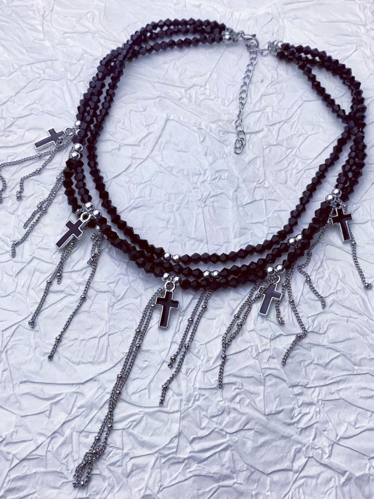 Gothic Fringe Cross Charms Layered Bead Necklace
