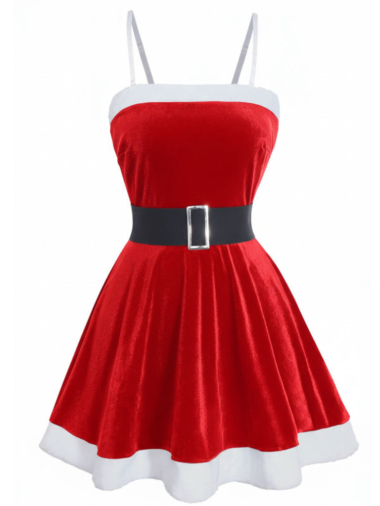 1970s Christmas Velvet Plush Spaghetti Strap Mini Dress