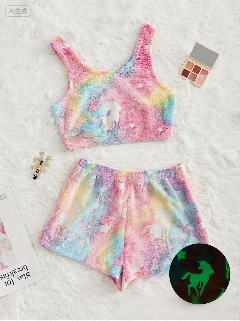 2PCS 1970s Glowing Colorful Print Flannel Pajama Set