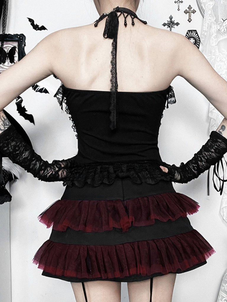 2PCS Black 1980s Gothic Steampunk Halter Cross Camisole & Mini Skirt