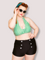 [Plus Size] Green 1950s Retro Halter Stripes Bikini Set