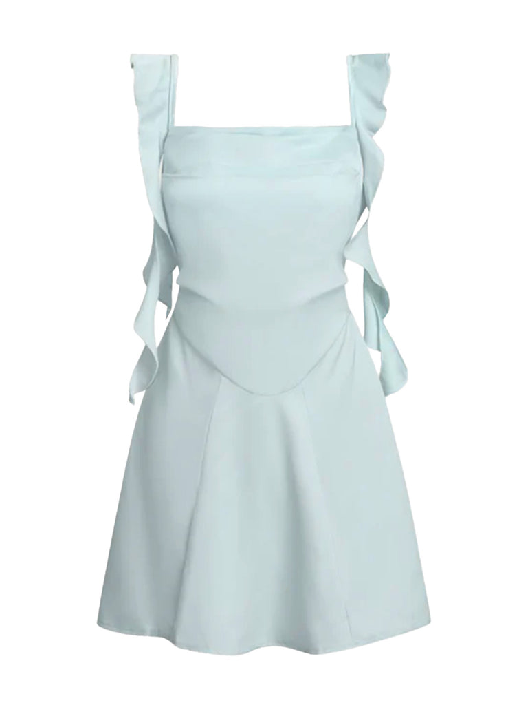 1980s Solid Ruffled Strap Square Neck Dress