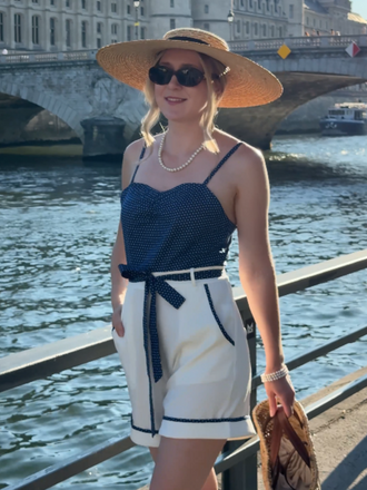 Blue 1940s Polka Dot Patchwork Suspender Romper