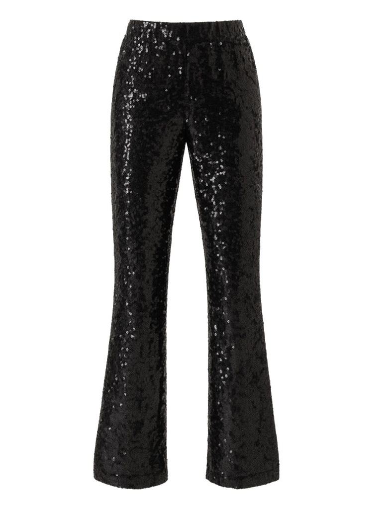 Black 1920s Solid Sequin Flared Pants