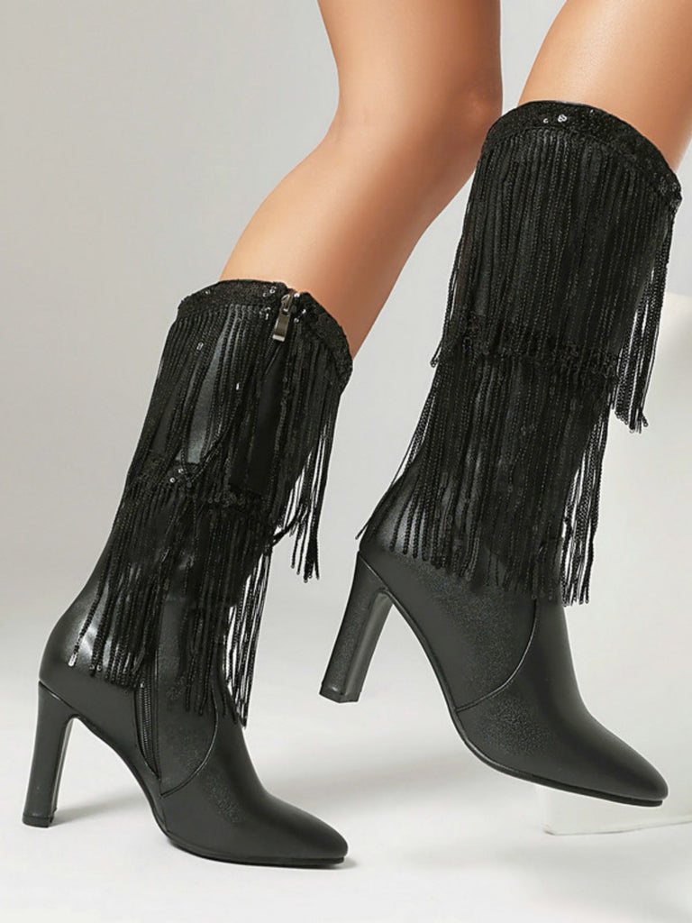 Metallic Pointed-Toe Fringed Disco Ankle Boots