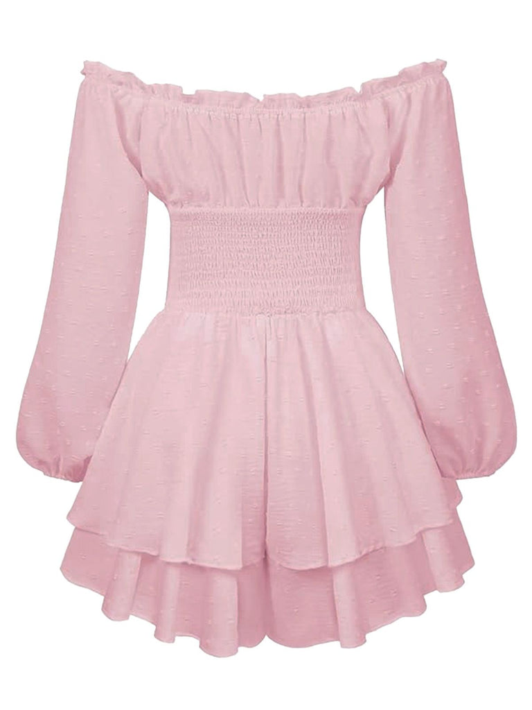 1950s Solid Off-Shoulder Long-Sleeve Smocked Mini Dress