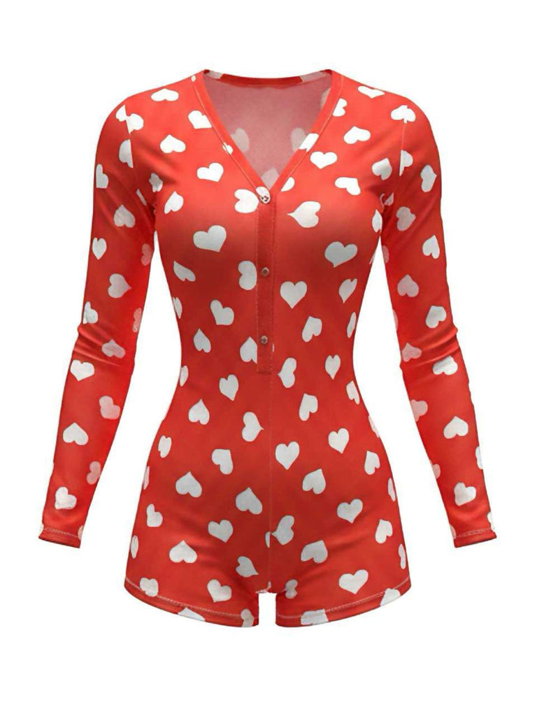 1980s V-Neck Heart Slip Print Romper Pajama
