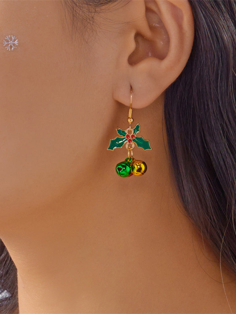 Christams Holly Leaf Jingle Bell Drop Earrings