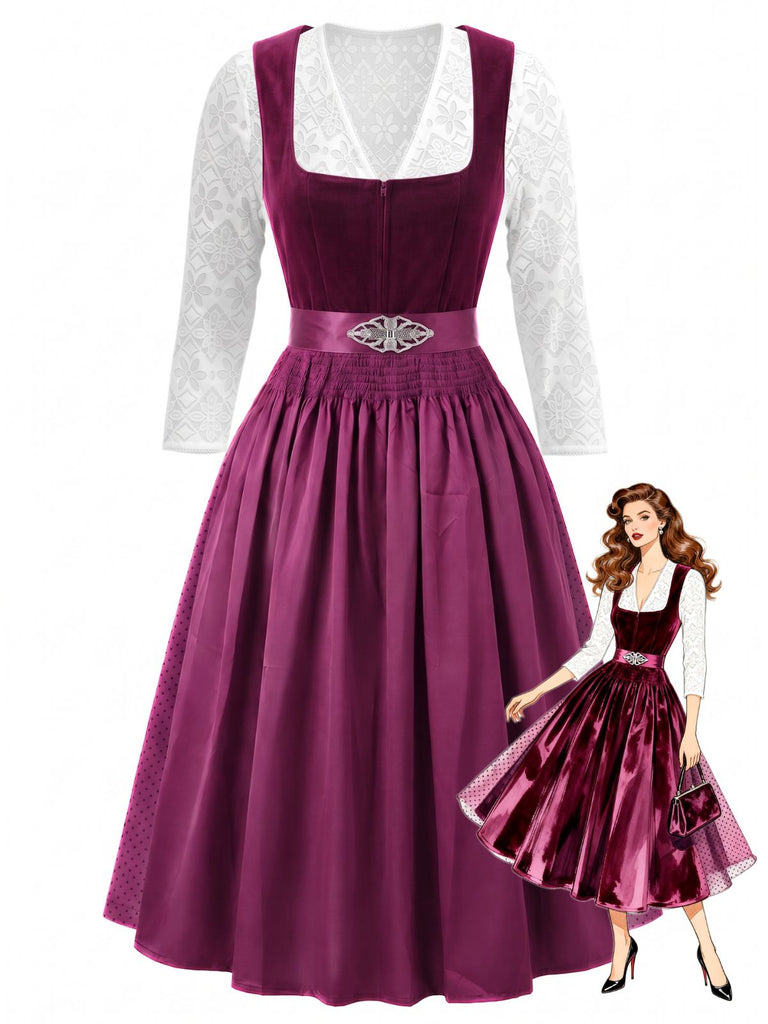 Plum 1950s Square Neck Velvet Polka Dot Dress & Apron & Lace Top