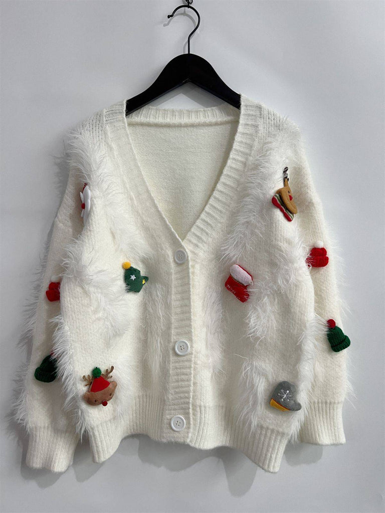 1970s 3D Christams Print Fluffy Knit Button Cardigan