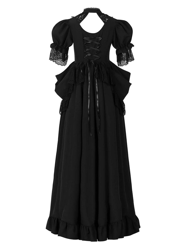 1930s Victorian Gothic Puff Sleeves Lace Dress