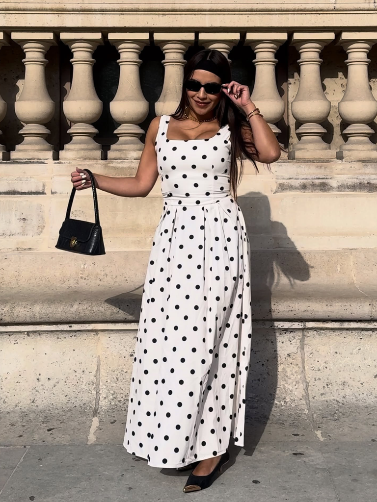 White 1950s Square Neck Polka Dot Sleeveless Pleated Dress