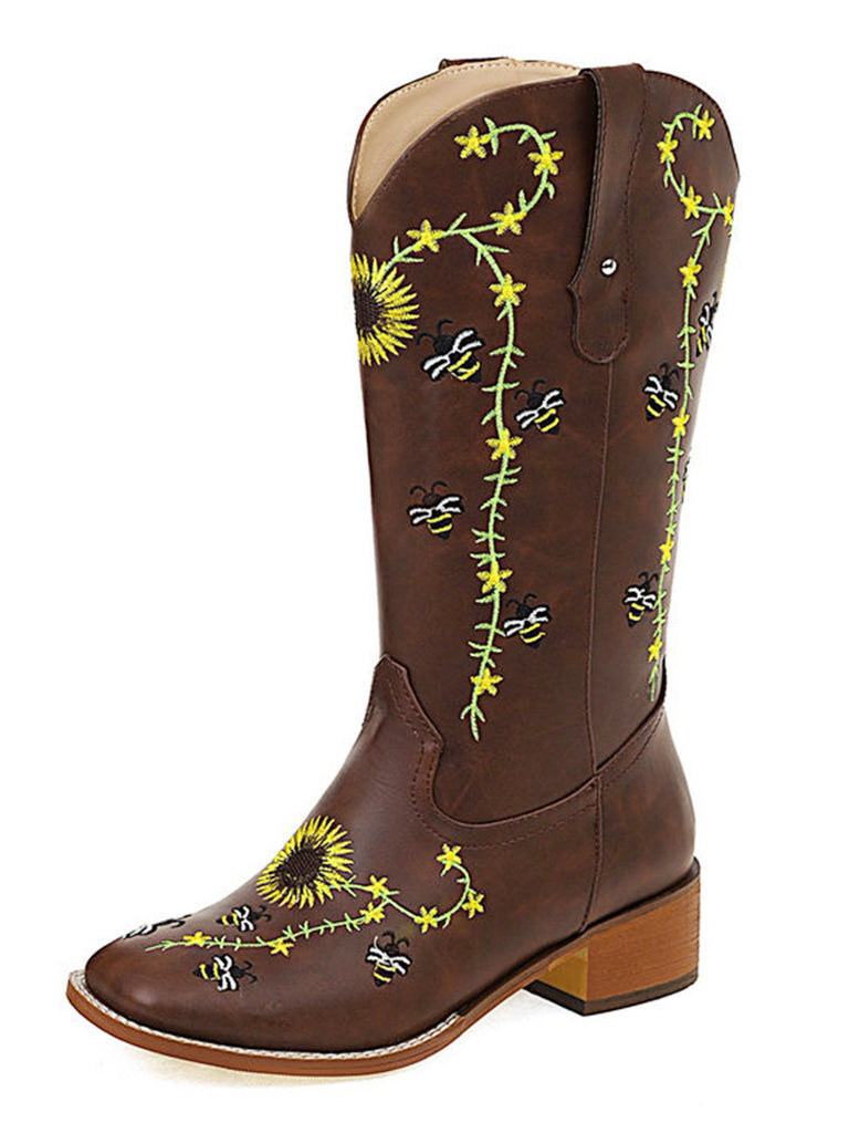 Brown Sunflower Embroidered Western Cowgirl Mid Calf Boots