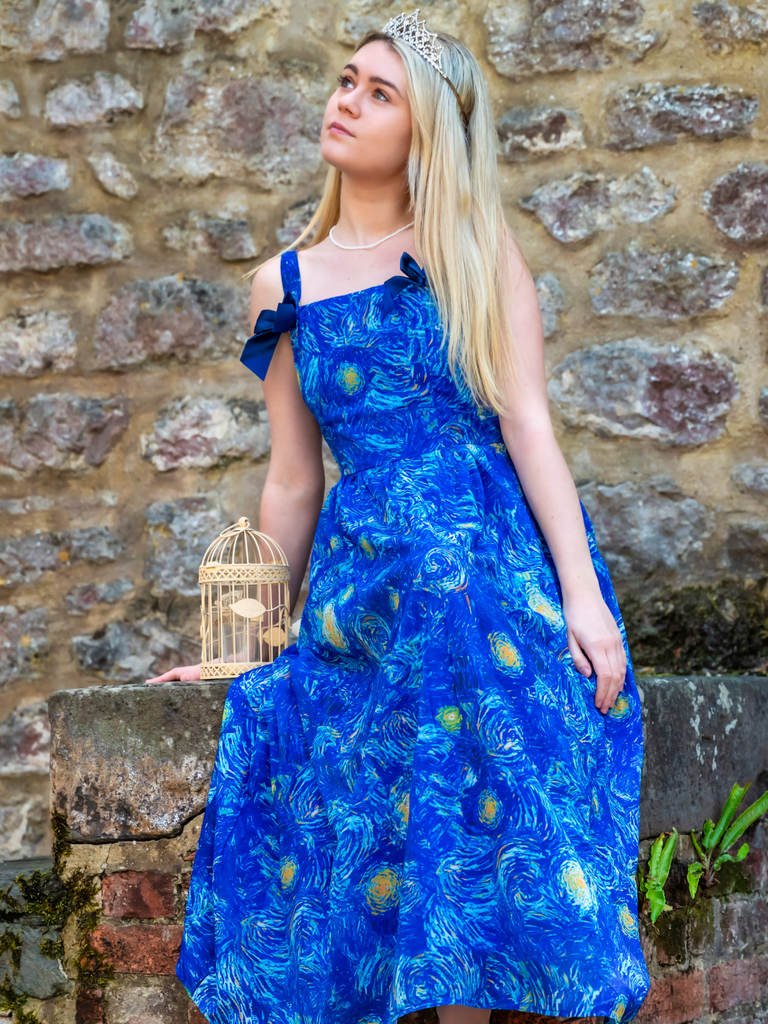 Blue 1940s Square Neck Starry Night Bow Swing Dress