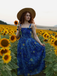Blue 1940s Square Neck Starry Night Bow Swing Dress