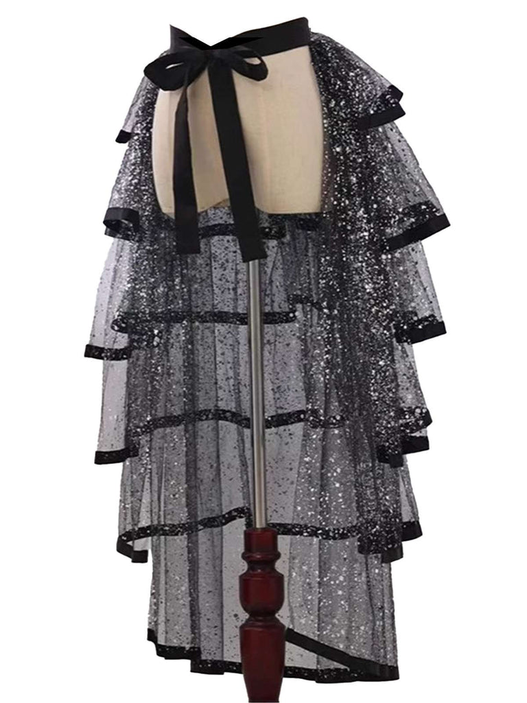 Black 1950S Glitter Tulle Tiered Ruffle Maxi Underskirt