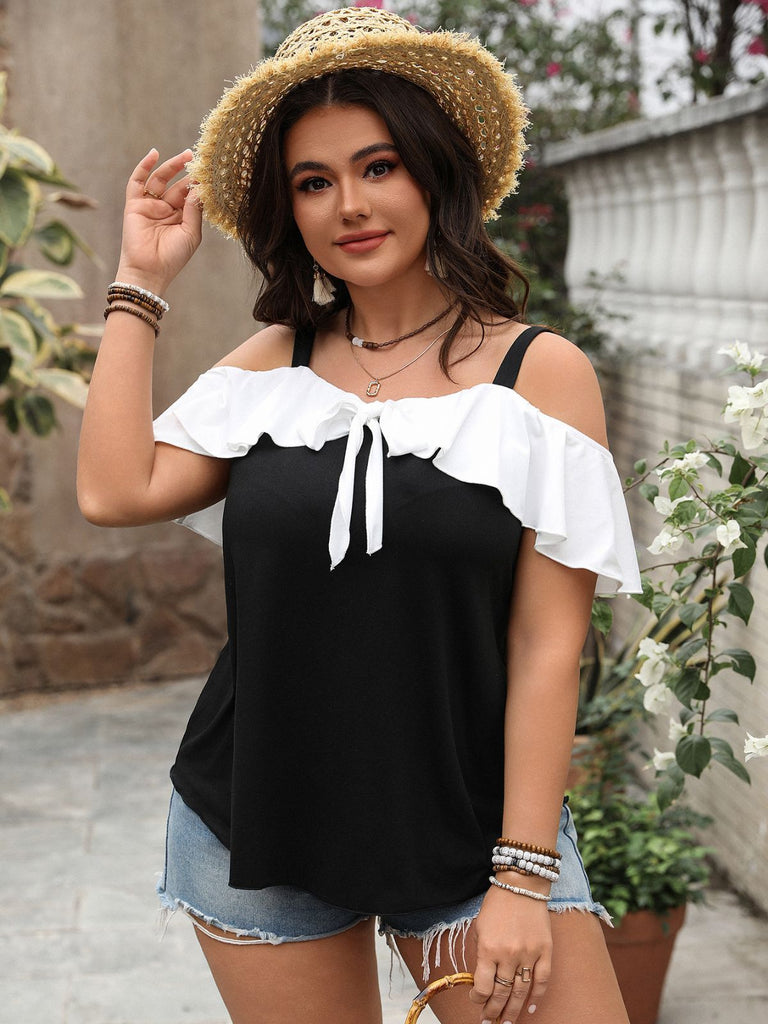[Plus Size] Black 1960s Ruffle Cold-Shoulder Tie-Front Blouse