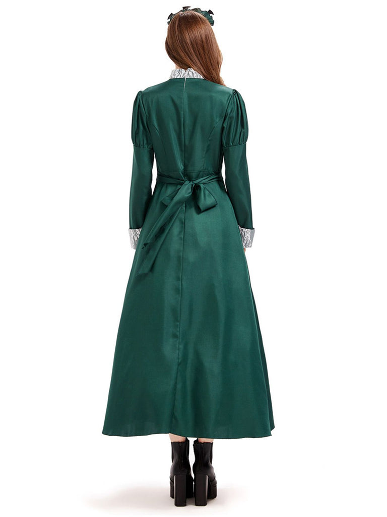 Green 1950s Victorian Satin Long Maid Dress