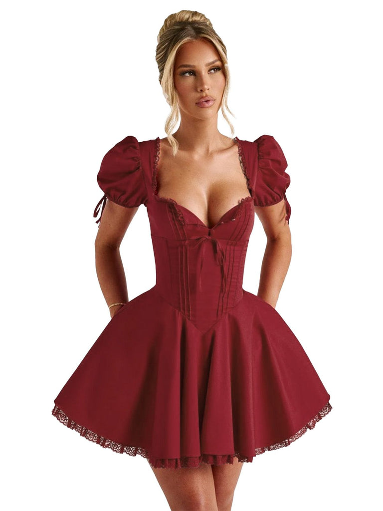 Red 1960s Solid Puff Sleeve Lace-up Dress