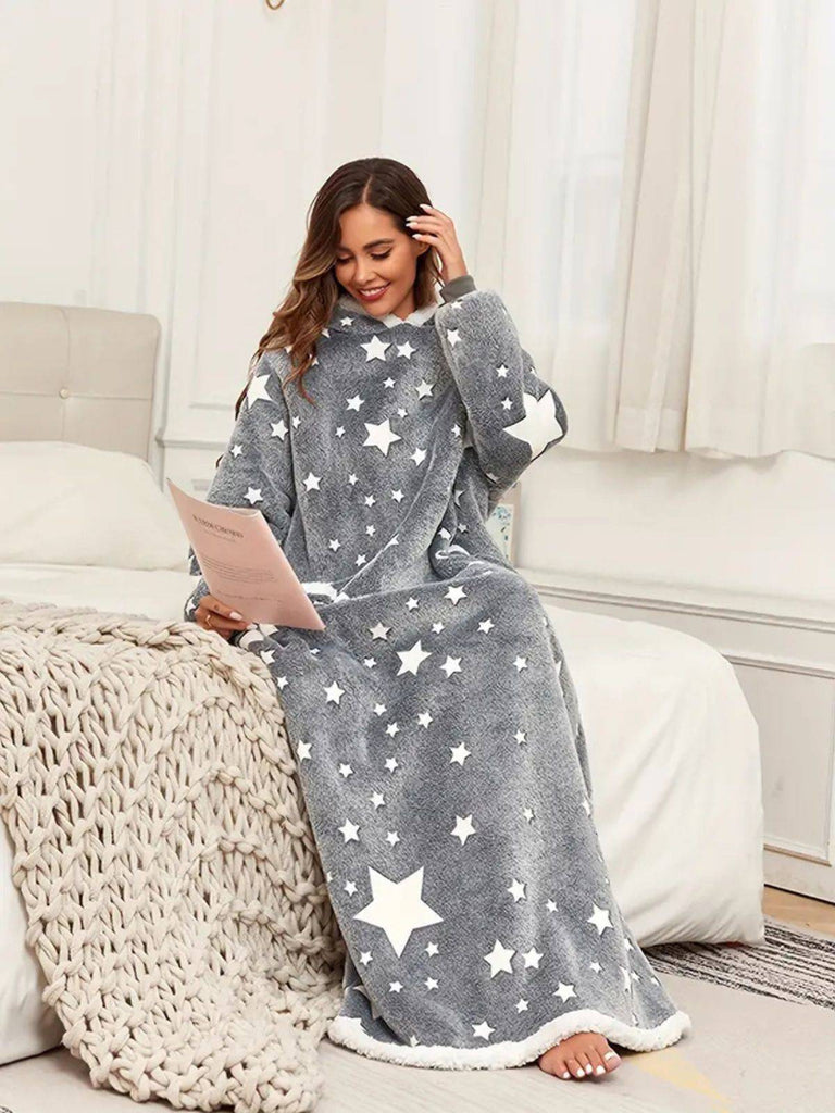 Gray 1970s Glow-In-Dark Star-Print Hooded Fleece Robe