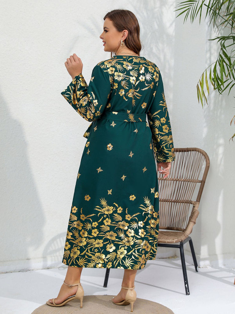 [Plus Size] Green 1930s Floral Long Sleeve Belted Dress