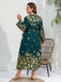 [Plus Size] Green 1930s Floral Long Sleeve Belted Dress
