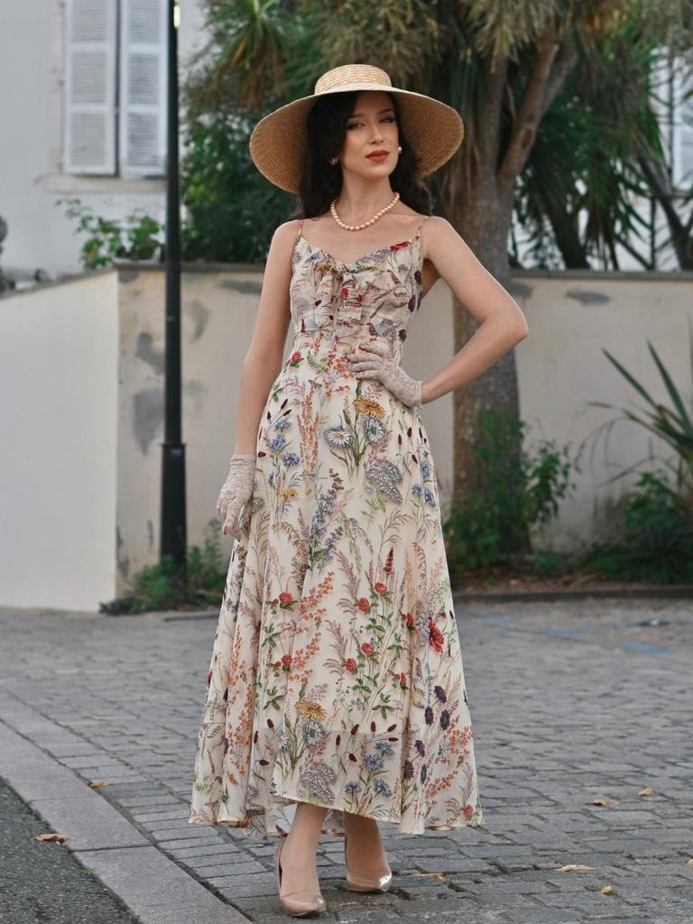 Multicolor 1930s Floral V-Neck Bohemian Slip Dress