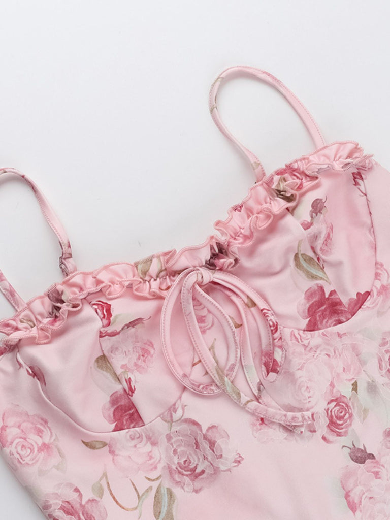 Pink 1960s Spaghetti Strap Roses Nightgown
