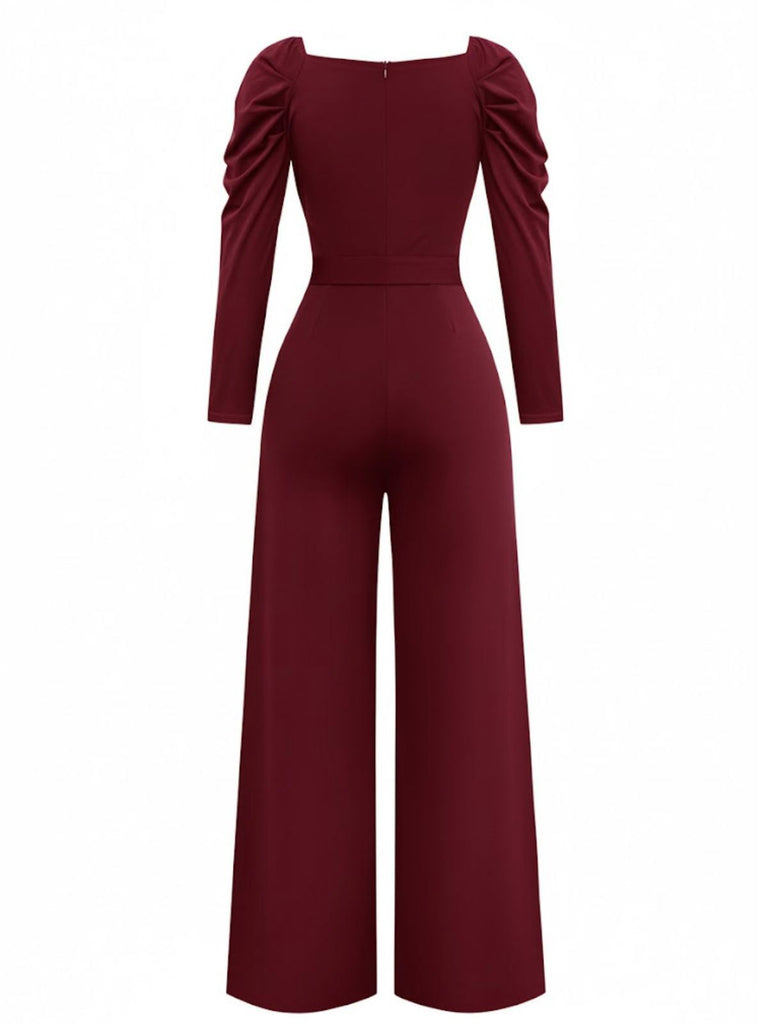 1930s Solid Ruched V-Neck Belted Jumpsuit