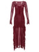 Wine Red 1970s Sheer Mesh Ruffle Maxi Dress