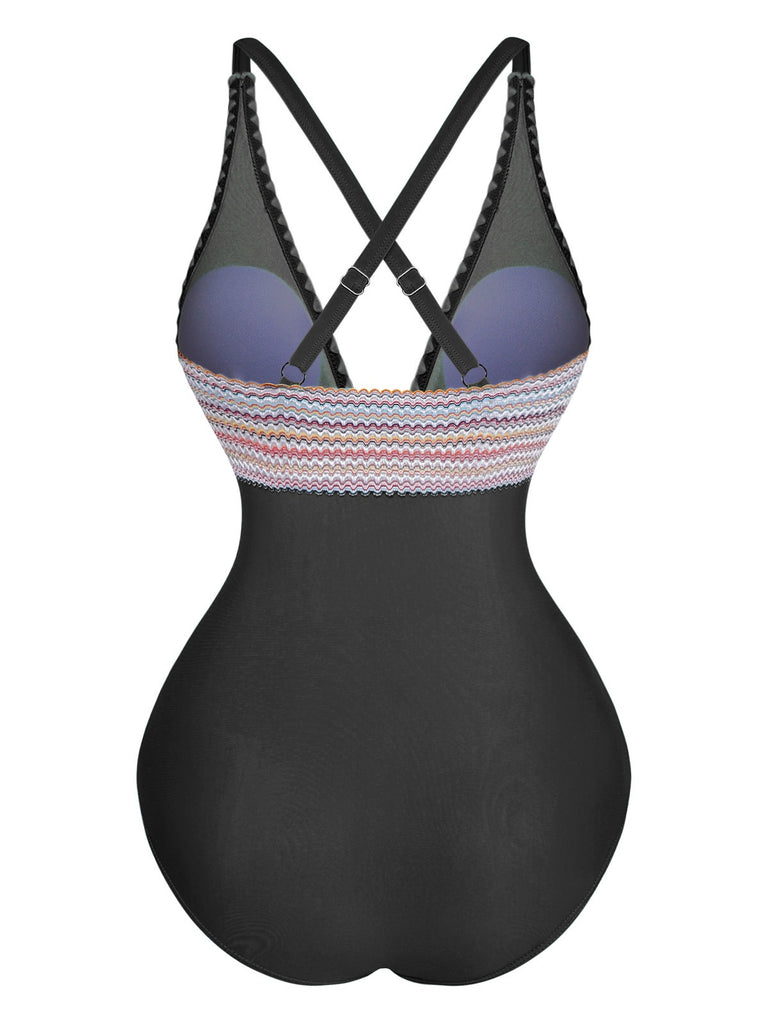 1940s Deep V-Neck Wavy Patchwork One-Piece Swimsuit