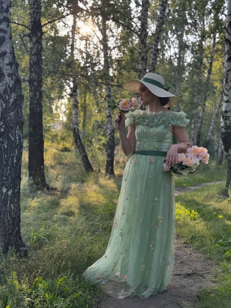 Green 1930s Floral Embroidered Mesh Strapless Dress